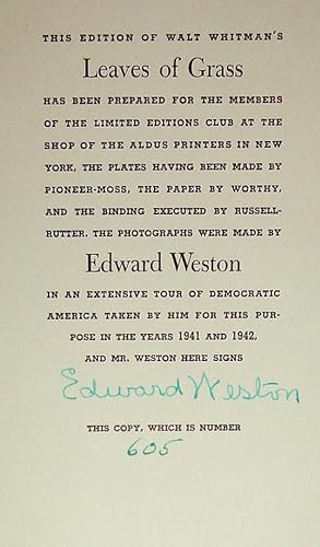 Bild des Verkufers fr Leaves of Grass; Illustrated with Photographs by Edward Weston [ (2 Volumes) , Signed by Weston) ] zum Verkauf von DogStar Books