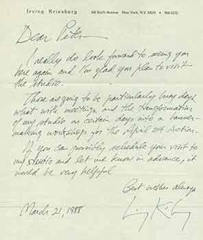 Handwritten, signed letter from Irving Kriesberg to Peter Selz.