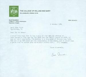 TLS Scott Donaldson (College of William and Mary) to Herb Yellin, Lord John Press. October 1, 198...