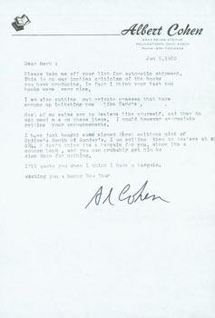 TLS Albert Cohen to Herb Yellin, January 5, 1980. RE: Updike.