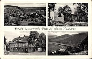 Imagen del vendedor de Ansichtskarte / Postkarte Polle an der Weser in Niedersachsen, Totalansicht von Ort, Burgruine, Hotel zur Burg, Wesertal - Bes.: H. Jakob a la venta por akpool GmbH