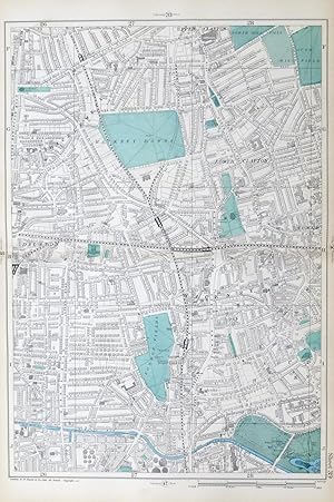 LONDON, 1909 - CLAPTON, DALSTON, HACKNEY - Original Antique Map from Bacon's London & Suburbs, La...