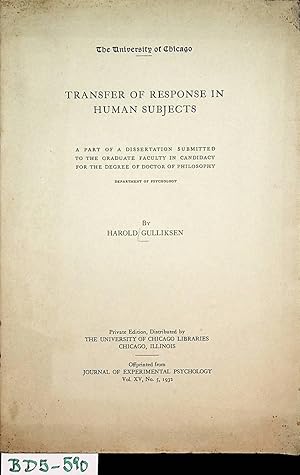 Seller image for Transfer of Response in Human Subjects Chicago, Univ., Diss., 1932 for sale by ANTIQUARIAT.WIEN Fine Books & Prints