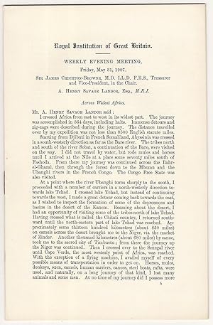 Bild des Verkufers fr Across Widest Africa. [Offprint from the] Royal Institution of Great Britain, Weekly Evening Meeting, Friday May 31, 1907. zum Verkauf von Meridian Rare Books ABA PBFA