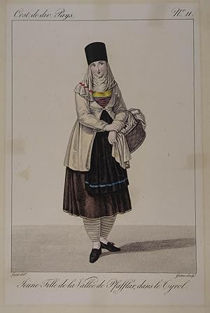 Seller image for Jeune Fille de la Vallee de Pfafflar, dans le ,Tyrol. Altkolorierte Umriradierung von Georges Jacques Gatine nach Louis Marie Lante aus "Costumes de divers Pays" Paris um 1820, 30 x 21 cm (Platte) for sale by Antiquariat Johannes Mller