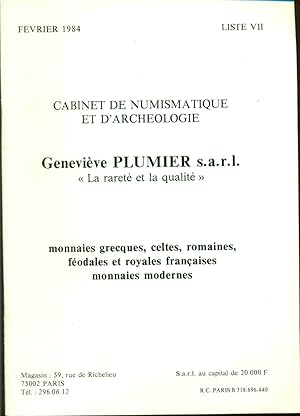 Cabinet de numismatique et d'archéologie . Geneviève Plumier S.A.RL "La rareté et la qualité" . M...