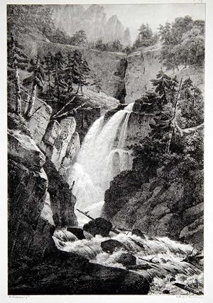 Bild des Verkufers fr Chute d?eau prs le Glacier de Rosenlaui / Chute de l?Aar  la Handeck. Valle d?Oberhasli. (Canton de Berne.), 2 planches ens. zum Verkauf von Harteveld Rare Books Ltd.