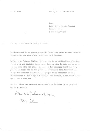 Originalbrief von Eric Celan. Paris, le 14 fevrier 2008