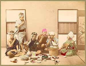 Japan Workmen's holiday Vintage photo Tamamura Kozaburo handcolored 1890c XL361