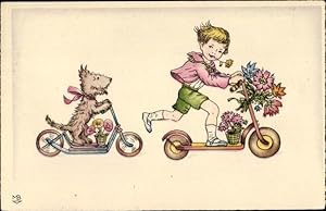 Künstler Ansichtskarte / Postkarte Junge und Hund auf Rollern