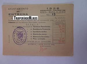 TALON DE COBRO DE IMPUESTO ARBITRIO MUNICIPAL. AYUNTAMIENTO DE ENTRENA LA RIOJA 1956. TDKP12