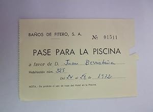 PASE PARA LA PISCINA EN BAÑOS DE FITERO NAVARRA. AÑO 1972. TDKP12