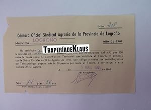 ALBARAN DE PAGO CAMARA OFICIAL SINDICAL AGRARIA DE LA PROVINCIA DE LOGROÑO. LA RIOJA 1961. TDKP12