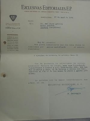 carta - exclusivas editoriales - ep - barcelona - a cestona - guipuzcoa año 1952 - tdkc12