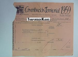 ALBARAN CONTRIBUCION TERRITORIAL 1959. RIQUEZA URBANA. HACIENDA PUBLICA. ENTRENA. LA RIOJA. TDKP12