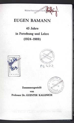 Image du vendeur pour Eugen Bamann: 45 Jahre in Forschung und Lehre (1924-1969); mis en vente par books4less (Versandantiquariat Petra Gros GmbH & Co. KG)
