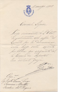 Lettera manoscritta con firma autografa inviata al conte Luigi Sormani Moretti.