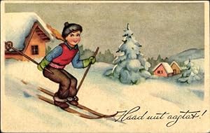 Ansichtskarte / Postkarte Glückwunsch Neujahr, Skiläufer, Skipiste, Schneelandschaft