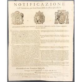 Bild des Verk�ufers f�r Notificazione. Sull'estrazione per fuori Stato della Lana Grezza. L'estrazione della lana che risponde ai bisogni delle persone e garantisce lavoro a molti cittadini, viene regolamentata fissando una percentuale annua zum Verkauf von Libreria Antiquaria Giulio Cesare di Daniele Corradi