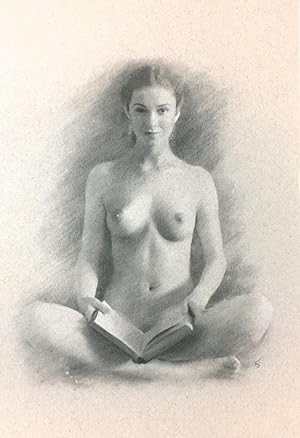 CLASSIC NAKED WOMAN,; HOLDING BOOK
