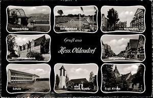Seller image for Ansichtskarte / Postkarte Hessisch Oldendorf an der Weser, Wesrbrcke, Mnchhausenhaus, Schule, Kath. Kirche, Freibad for sale by akpool GmbH