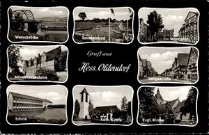 Seller image for Ansichtskarte / Postkarte Hessisch Oldendorf an der Weser, Weserbrcke, Schule, Mnchhausenhaus, Marktplatz, Schwimmbad for sale by akpool GmbH