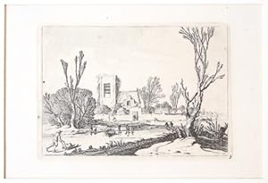 [Antique print, etching] Winter scene, iceskating: Skaters before a Church and a Village, publish...
