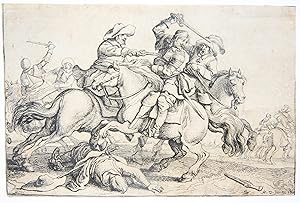 [Antique print, etching/ets] Three fighting soldiers on horse/ Drie vechtende soldaten op paarden...