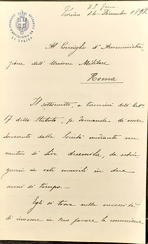 Documento originale 1892 Comando d'Artiglieria da Fortezza Torino