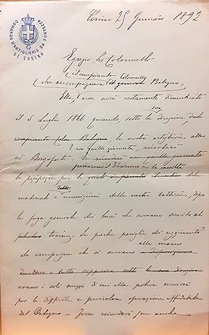 Documento originale 1892 Comando d'Artiglieria da Fortezza Torino