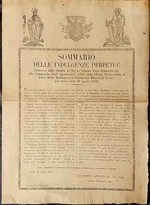 Sommario delle indulgenze perpetue Papa Clemente XI Villafranca 1871 - E17966