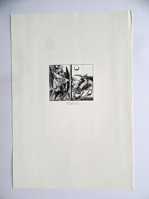 Bild des Verkufers fr Durchschaut". Holzschnitt, in Schwarz, auf weiem Karton, ohne Jahresangabe (ca. 1975). Von Karl-Georg Hirsch. 6,5 x 7,8 cm (Darstellung / Druckstock) / 30,5 x 21 cm (Blatt). zum Verkauf von Graphikantiquariat Martin Koenitz