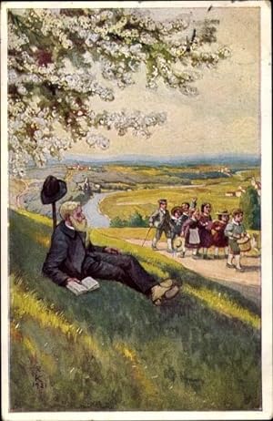 Künstler Ansichtskarte / Postkarte Aus der Jugendzeit, Kinder, Wanderer, Baumblüte