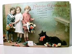 Herzlichen Glückwunsch zum Geburtstage. Alte, schöne AK farbig, gel. 1913. 3 Kinder mit Blumenstr...