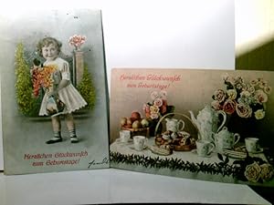 Herzlichen Glückwunsch zum Geburtstage ! 2 x Alte AK farbig, gel 1920. 1 x Mädel im Sonntagskleid...