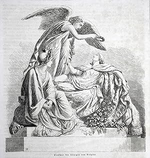 Bild des Verkufers fr Denkmal der Knigin von Belgien" - Knigin queen Belgien Belgium Belgique Denkmal monument Statue Holzschnitt woodcut zum Verkauf von Antiquariat Steffen Vlkel GmbH