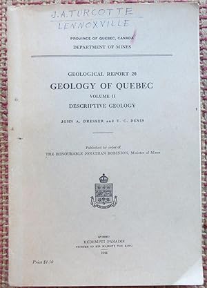 Image du vendeur pour GEOLOGICAL REPORT 29: GEOLOGY of QUEBEC. VOLUME II. mis en vente par Come See Books Livres