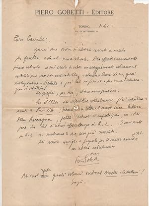 Lettera autografa firmata su carta intestata Piero Gobetti, indirizzata ad Armando Cavalli