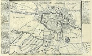 MEMMINGEN. Stadtgrundriss mit der Umgebung, links und rechts Legende.