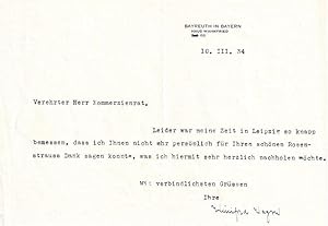 Schwiegertochter Richard Wagners und Leiterin der Bayreuther Festspiele (1897-1980). Masch. (Ms.)...