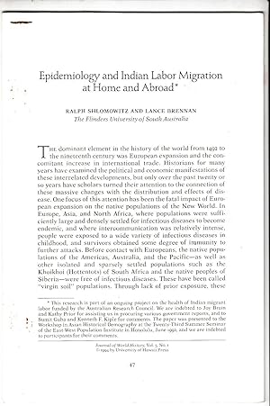 Bild des Verkufers fr Epidemiology and Indian Labor ( labour ) Migration at Home and Abroad | Academic Offprint, Journal of World History vol 5 no 1 pp 47 - 67 zum Verkauf von *bibliosophy*