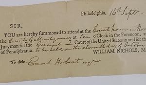U.S. District Court. Morristown, New Jersey, 1799. Court Summons for Enoch Hobert
