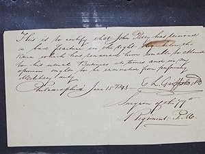 1 Page, ALS, Excuse from Militia, June, 1843