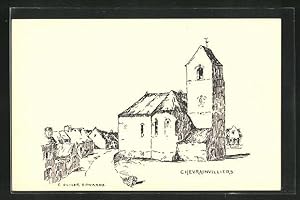 Künstler-Carte postale Chevrainvilliers, vue générale avec l'Église, L'Eglise