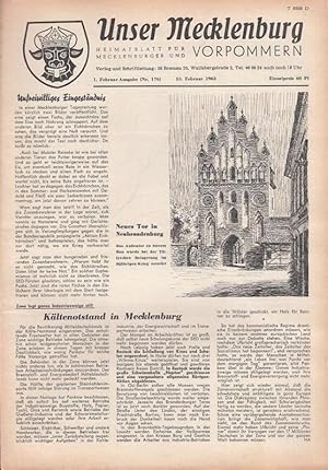 Bild des Verkufers fr Unser Mecklenburg. Nr. 176 vom 10. Februar 1963. Heimatblatt fr Mecklenburg und Vorpommern. (Titelkopf mit dem Mecklenburger Wappen). zum Verkauf von Antiquariat Carl Wegner