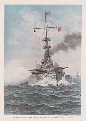 Image du vendeur pour ORIG VINTAGE COLOR LITHO PRINT/ THE U.S. BATTLESHIP INDIANA AT TARGET PRACTICE mis en vente par Monroe Street Books