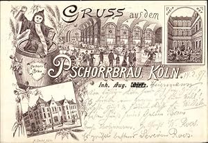 Litho Köln am Rhein, Pschorrbräu, Außen- u. Innenansicht, Kneip Hof, Burghöfchen 2-6, Kind, Weink...