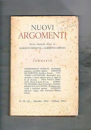 Imagen del vendedor de Nuovi Argomenti, rivista bimestrale n 59-60 nov-dic 1962-63. G. Scaricia Enciclopedia sovietoca e sensibilit religiosa, E. De Martino postille a Scarcia, P. P. Pasolini poesia in forma di prosa, A. Sacc saggio sulla letteratura italiana, ecc. a la venta por Libreria Gull