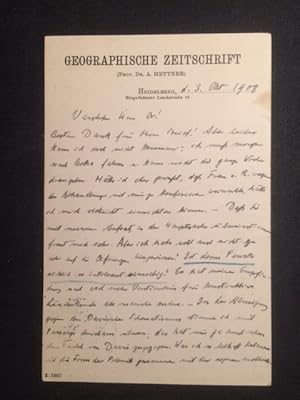 Beidseitig eigenhändig beschriebene echt gelaufene Postkarte, datiert 3. Okt. 1908, an Prof. Dr. ...