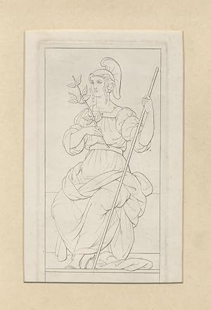 Figura muliebre seduta (allegoria di Minerva?): indossa veste di foggia classica con cintura ed e...
